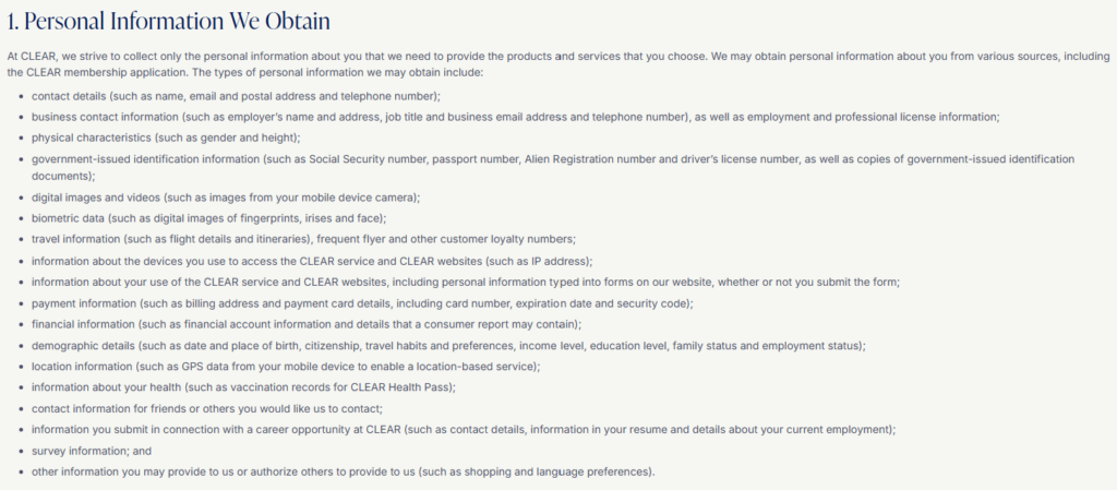 Personal information Clear obtains